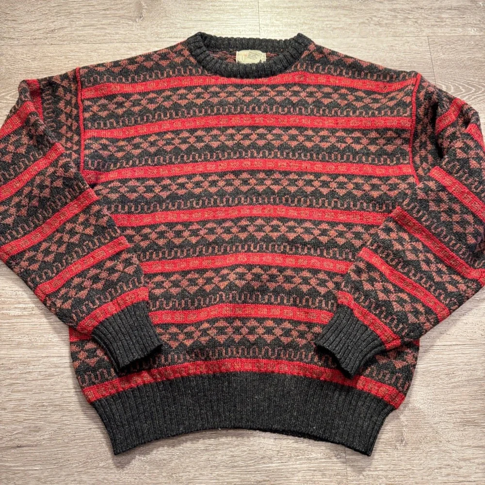 Vintage Christopher Hayes Sweater Mens M Red Charcoal 100% Wool Nordic Fair Isle